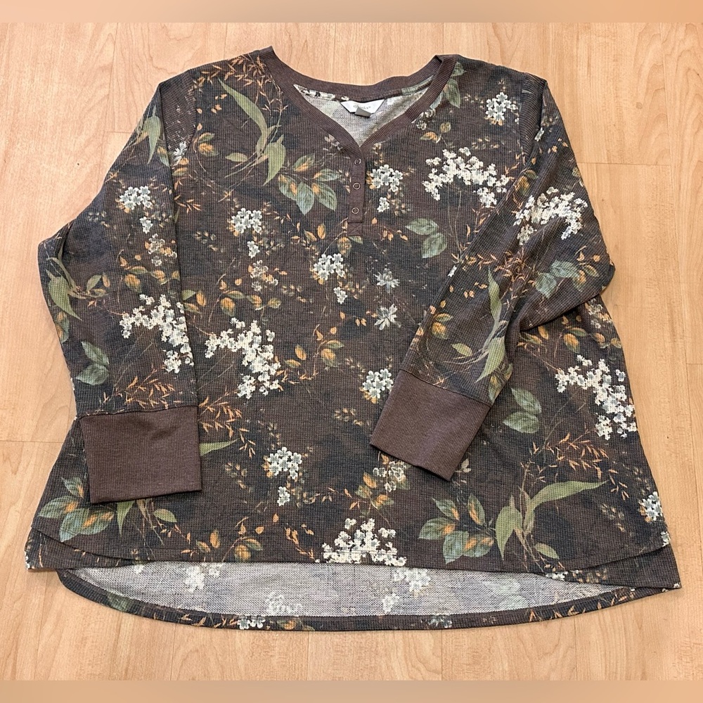 CJ Banks Floral Long Sleeve Waffle Weave Top